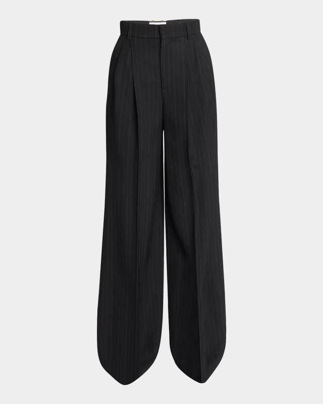 Pinstripe Wide-Leg Pleated Trousers